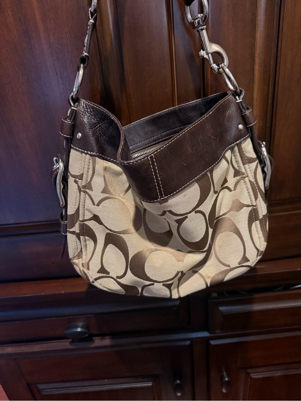 Coach Signature Canvas Shoulder Bag in Khaki and Chocolate Brown